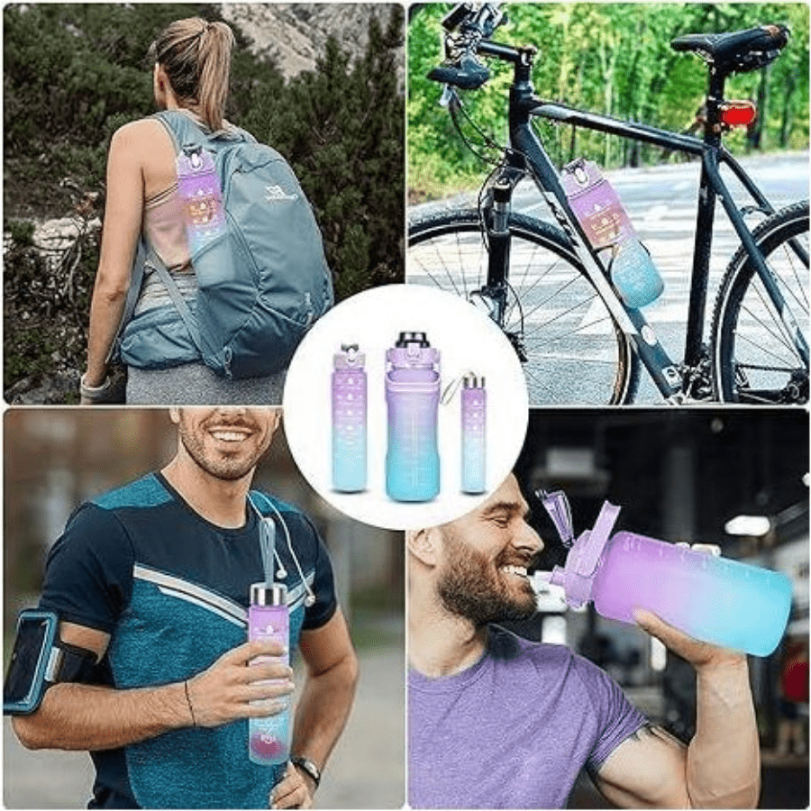 3 Bottle Combo Pack Motivational Water Bottle With Straw Time Marker - multicolour - Bodybuilding BD
