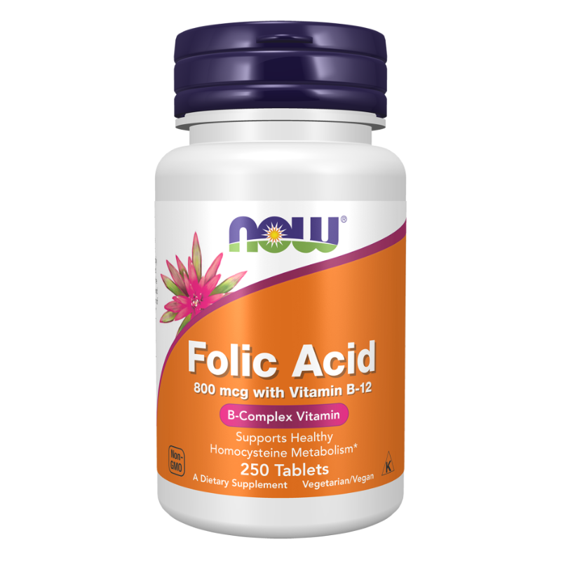 NOW Foods Folic Acid 800 mcg with Vitamin B-12, 250 Tablets
